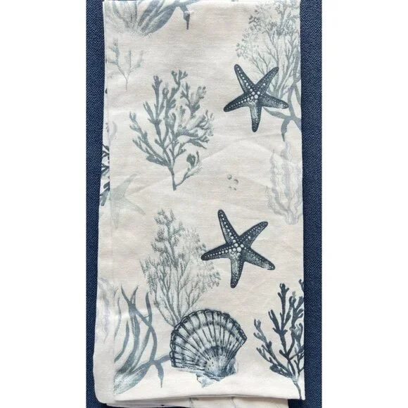 OCEAN Starfish Shell Kitchen Towel Set of 2 Sequins Blue Coral Beach 18"x28" - Picture 2 of 7